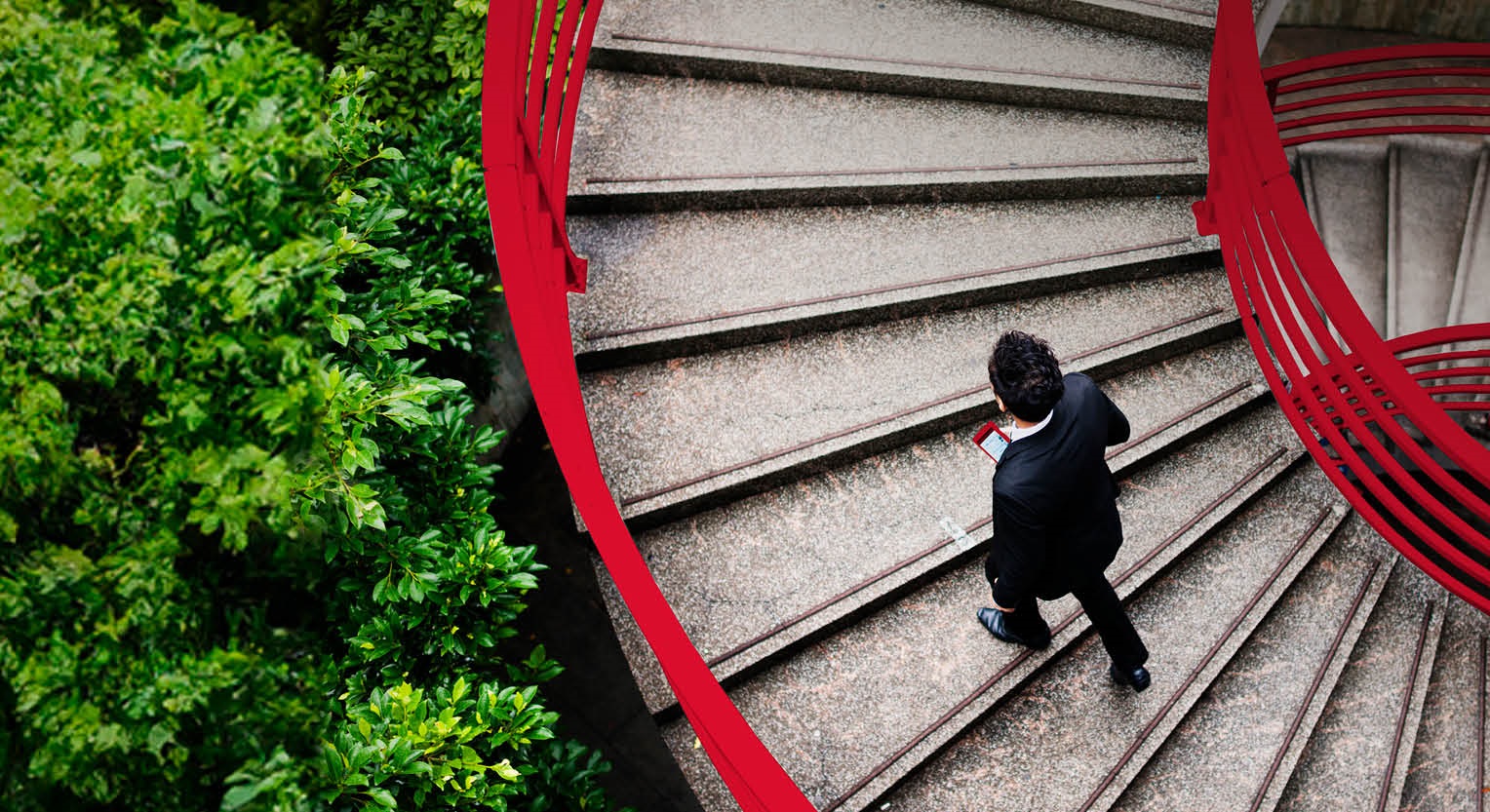 Man walking up stairs